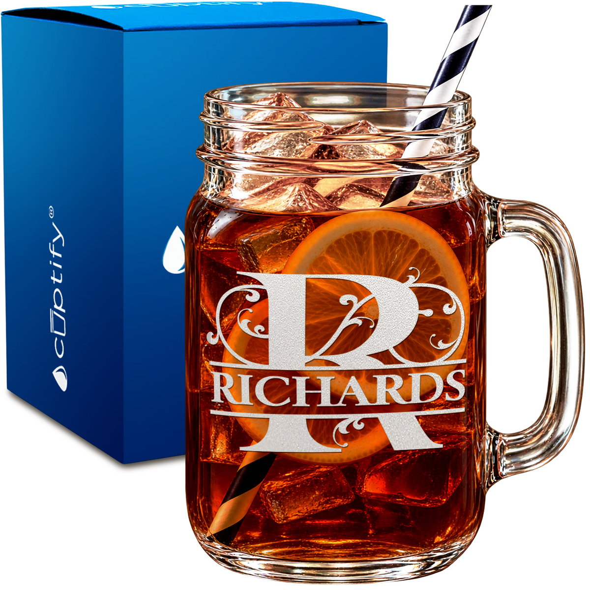 Whimsical Vine Monogram design on 16oz Mason Jar Glass