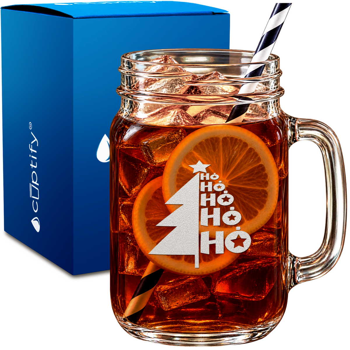 Ho Ho Ho Christmas Tree design on 16oz Mason Jar Glass