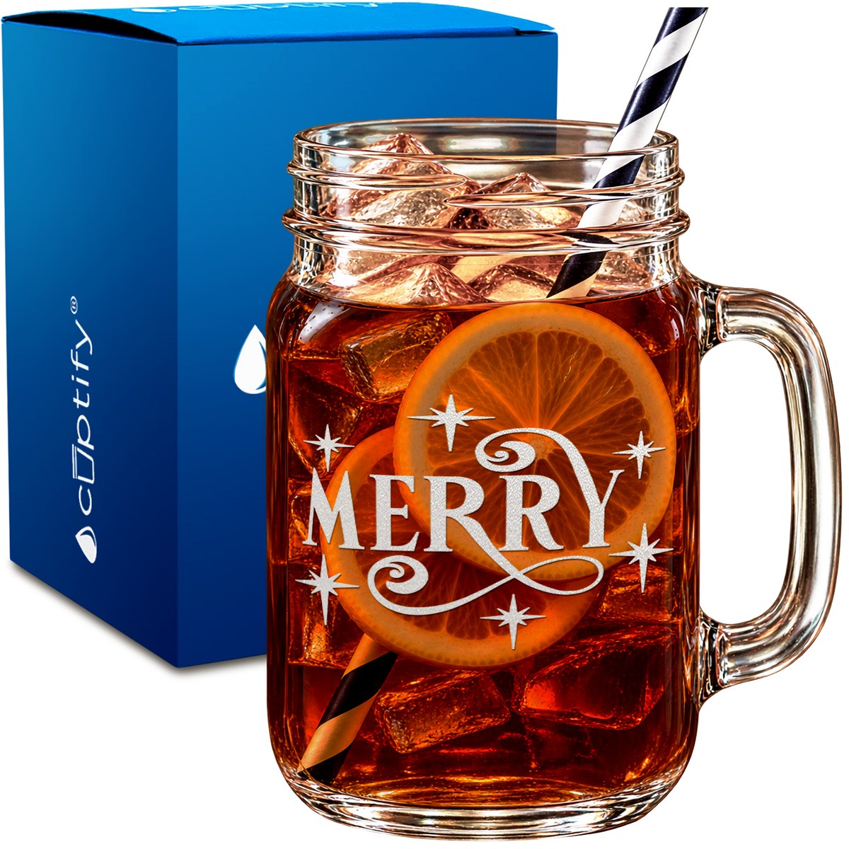 Merry design on 16oz Mason Jar Glass