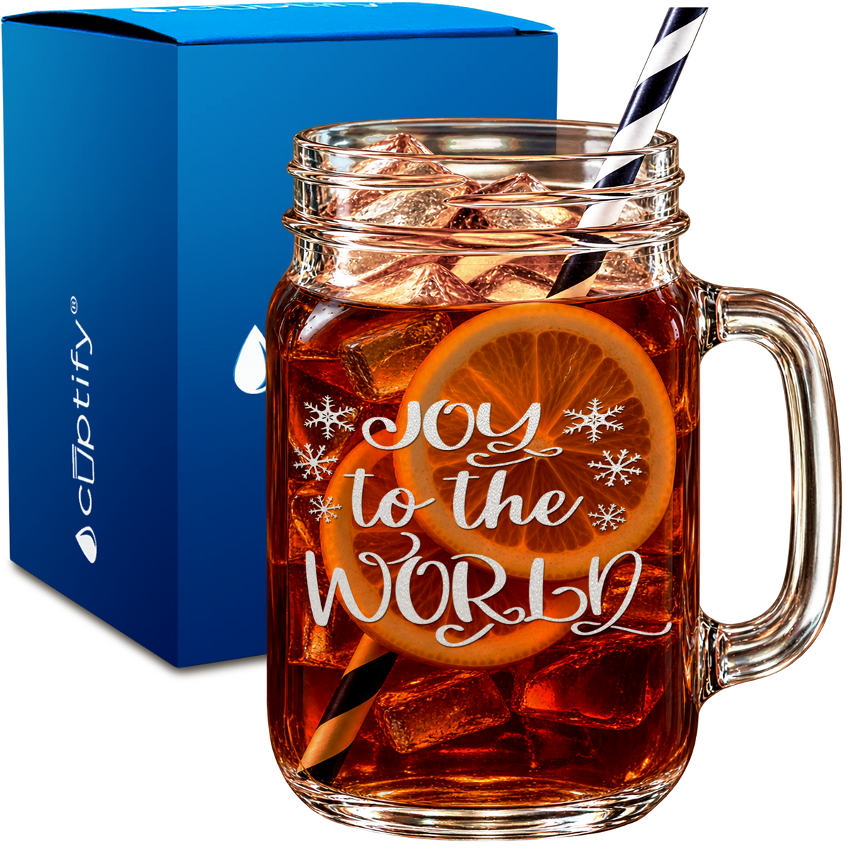 Joy to the World design on 16oz Mason Jar Glass