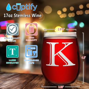 Monogram Initial Letter K 17oz Stemless Wine Glass