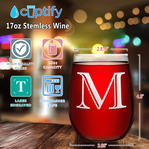 Monogram Initial Letter M 17oz Stemless Wine Glass