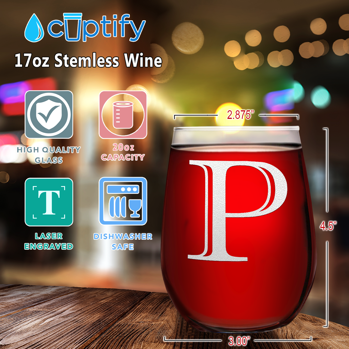 Monogram Initial Letter P 17oz Stemless Wine Glass