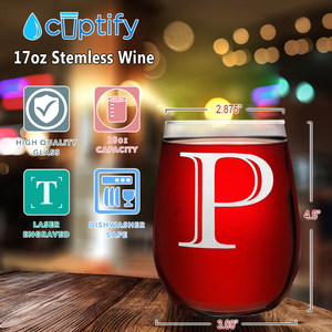 Monogram Initial Letter P 17oz Stemless Wine Glass