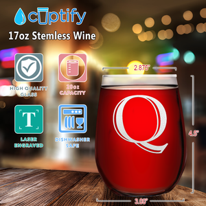 Monogram Initial Letter Q 17oz Stemless Wine Glass