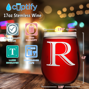 Monogram Initial Letter R 17oz Stemless Wine Glass