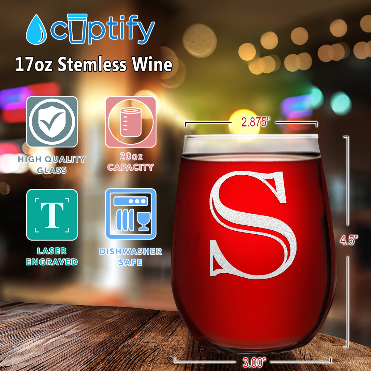 Monogram Initial Letter S 17oz Stemless Wine Glass