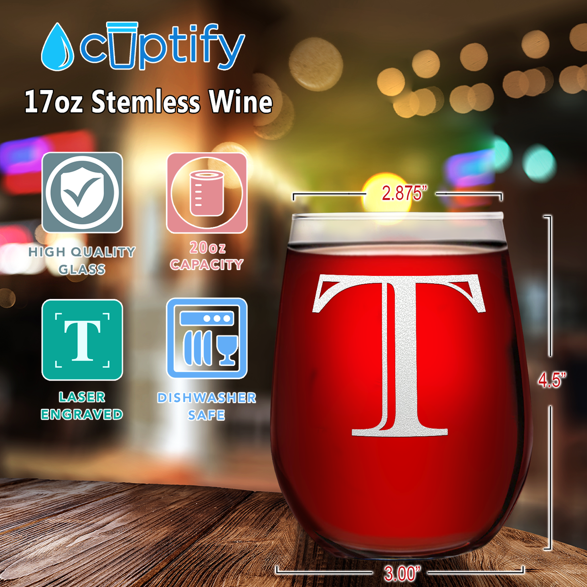 Monogram Initial Letter T 17oz Stemless Wine Glass