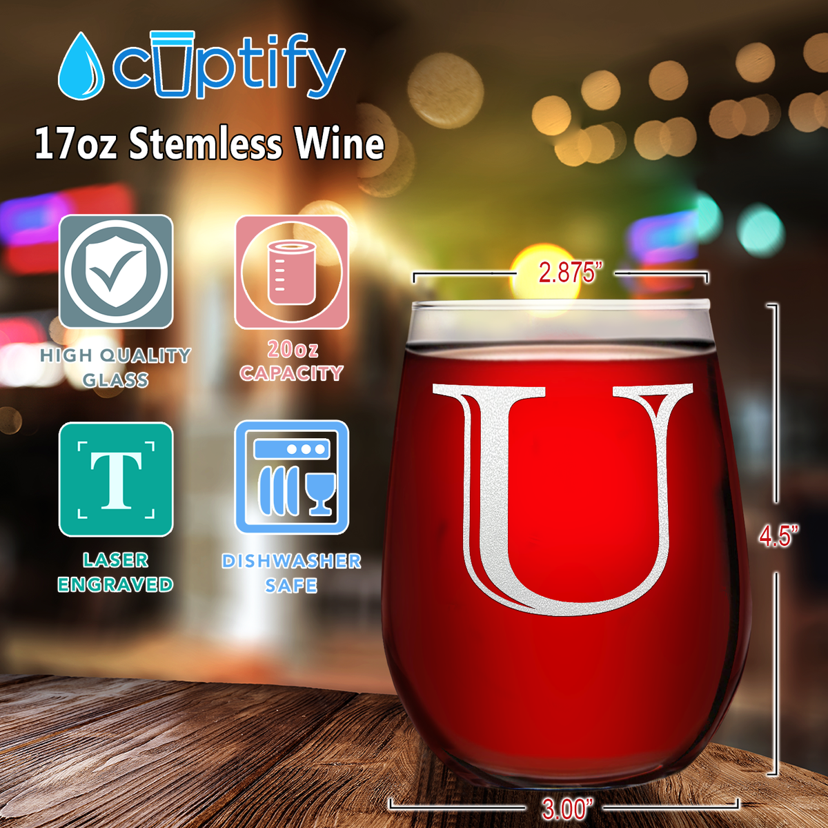 Monogram Initial Letter U 17oz Stemless Wine Glass