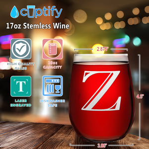 Monogram Initial Letter Z 17oz Stemless Wine Glass