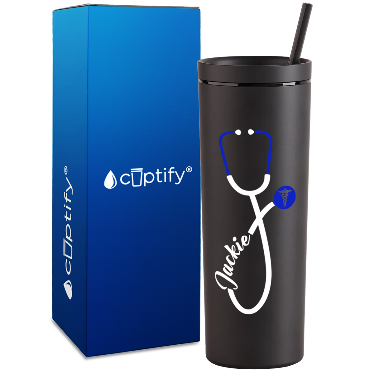 Personalized Blue Stethoscope Cadeceus on 18oz Acrylic Medical Tumbler