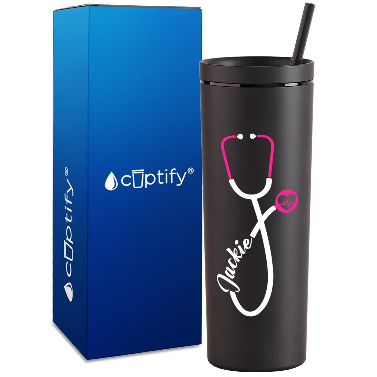 Personalized Pink Stethoscope Heart Beat on 18oz Acrylic Medical Tumbler
