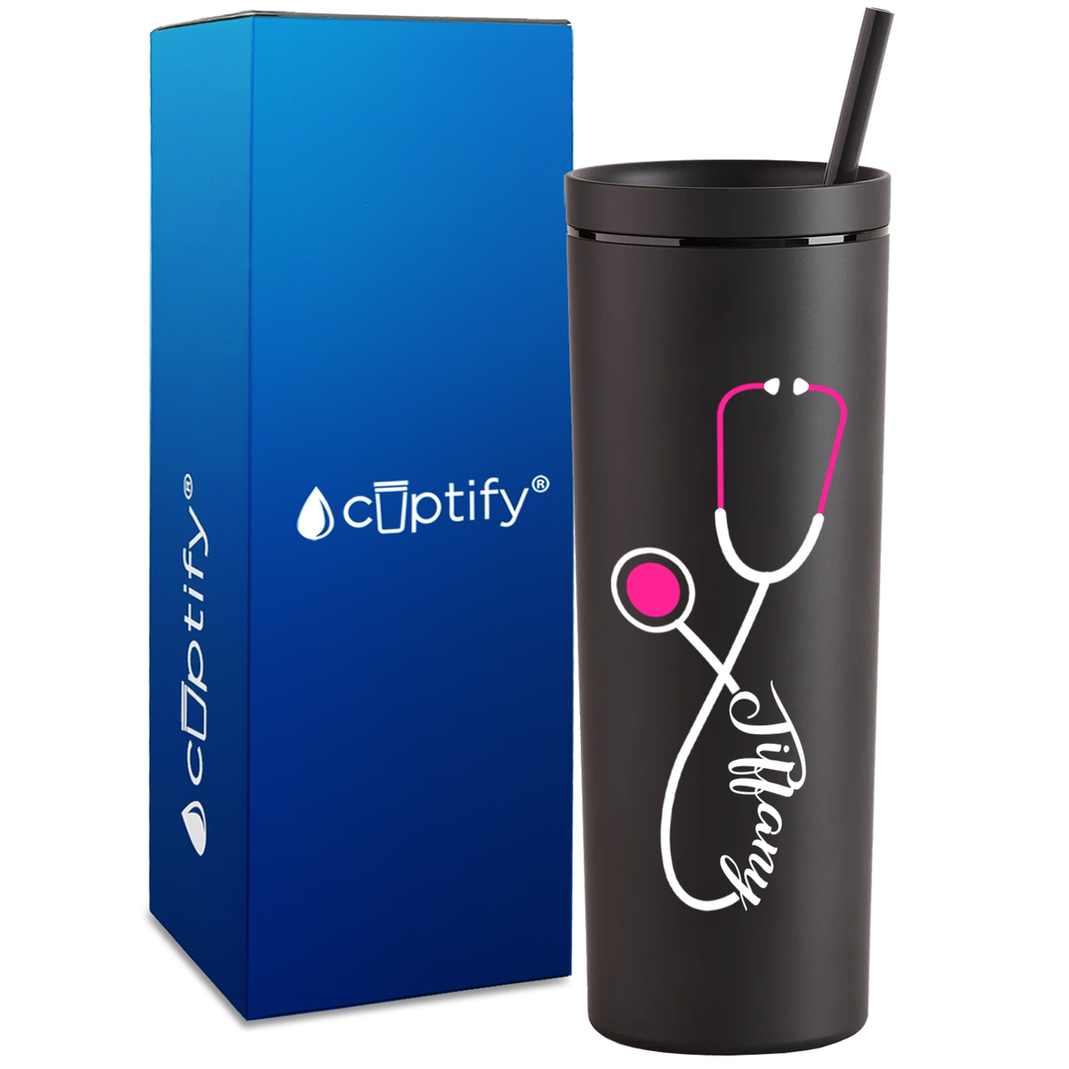 Personalized Pink Stethoscope on 18oz Acrylic Medical Tumbler