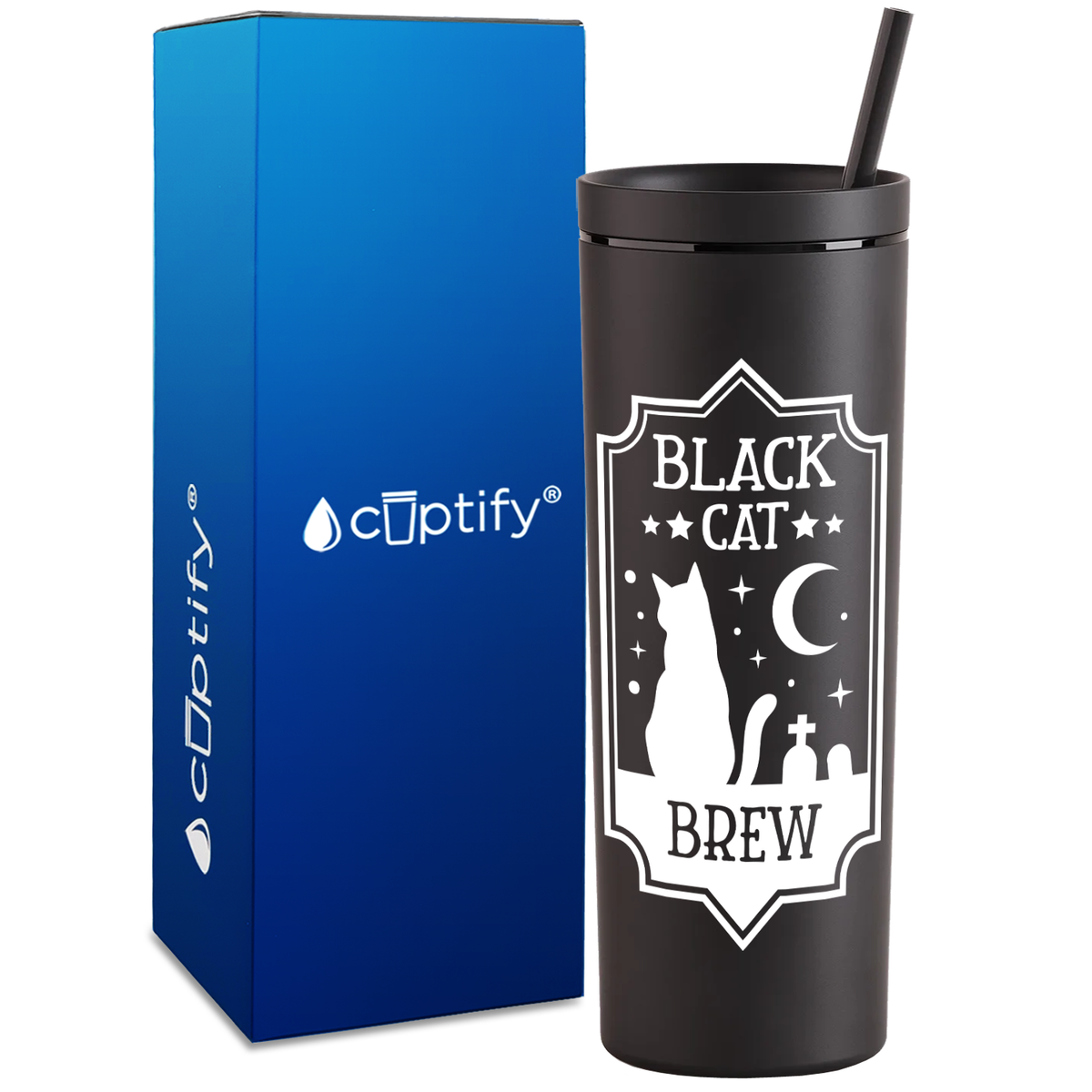 Black Cat Brew on Black 18oz Acrylic Halloween Skinny Tumbler
