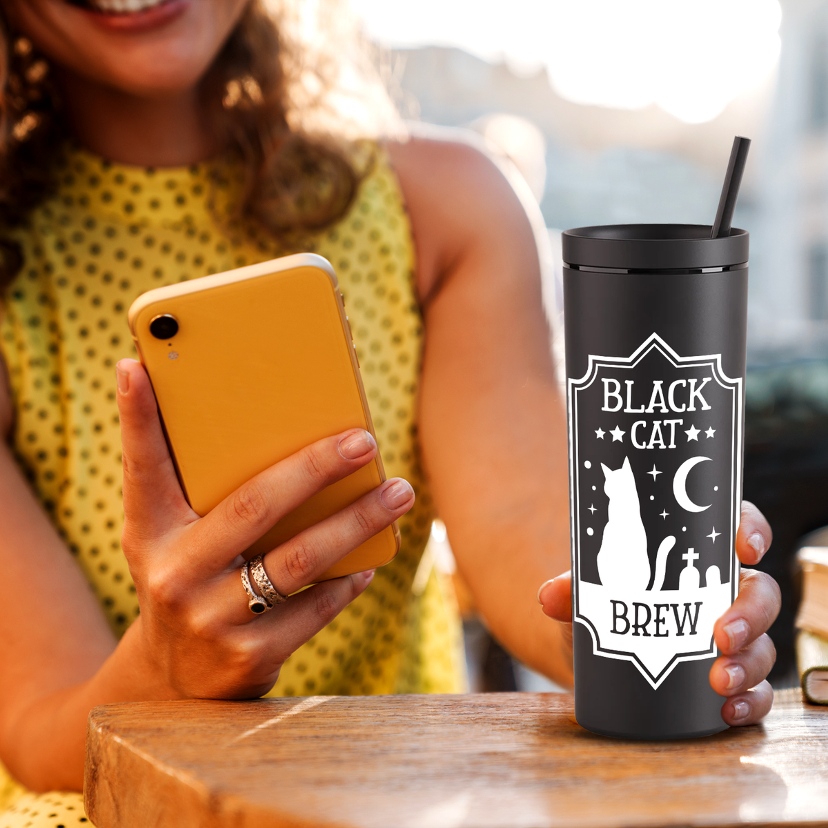 Black Cat Brew on Black 18oz Acrylic Halloween Skinny Tumbler
