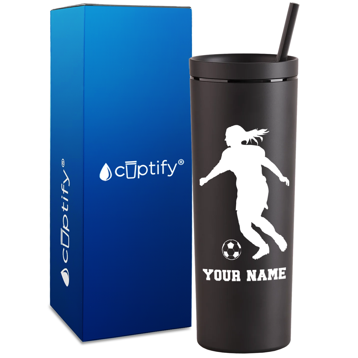 Personalized Soccer Player Female Silhouette on 18oz Acrylic Skinny Tumbler