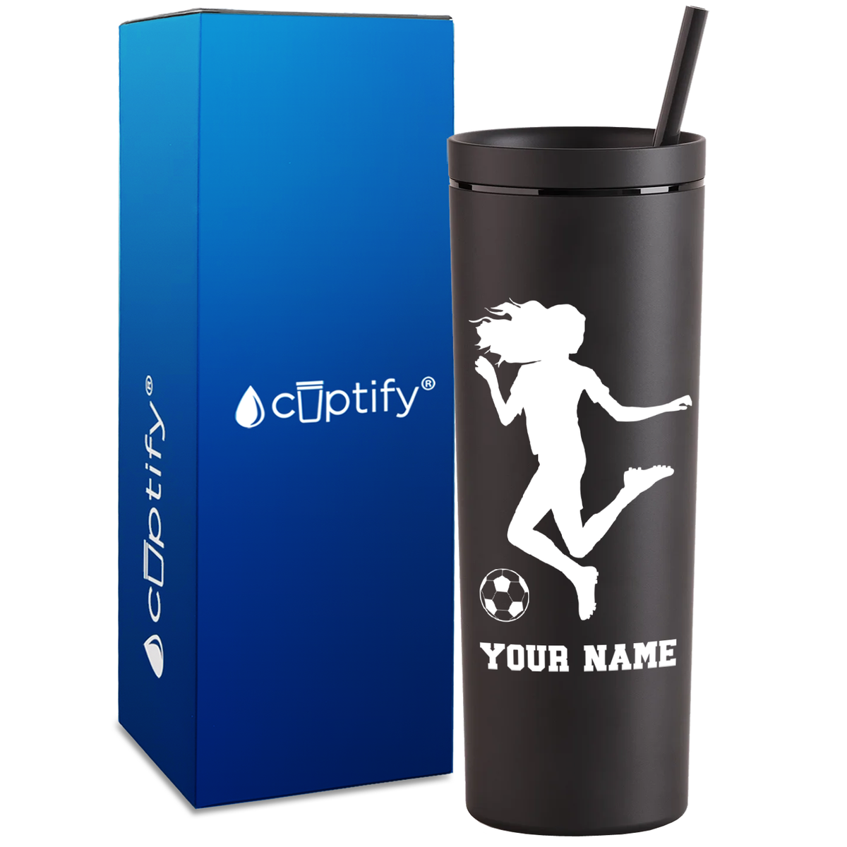 Personalized Soccer Player Female Kick on 18oz Acrylic Skinny Tumbler