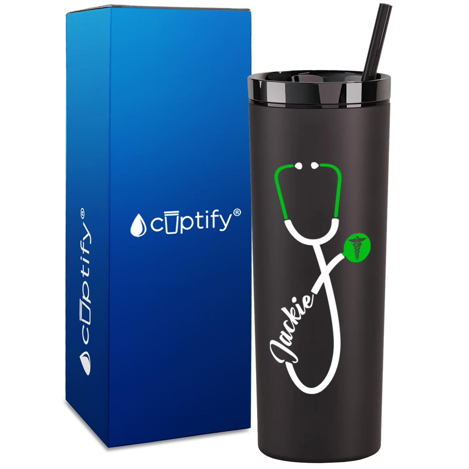 Personalized Green Stethoscope Cadeceus on 18oz Acrylic Medical Tumbler