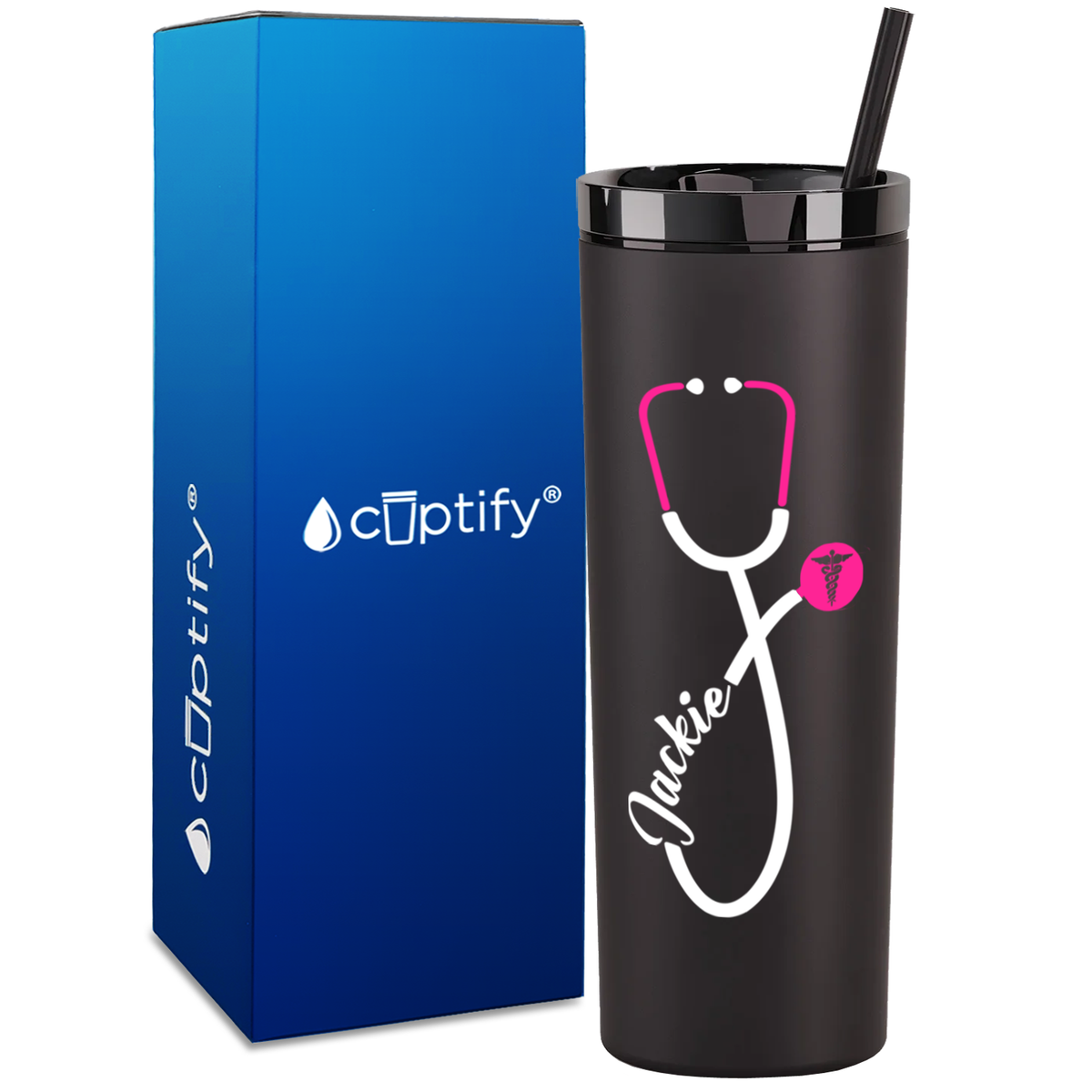 Personalized Pink Stethoscope Cadeceus on 18oz Acrylic Medical Tumbler