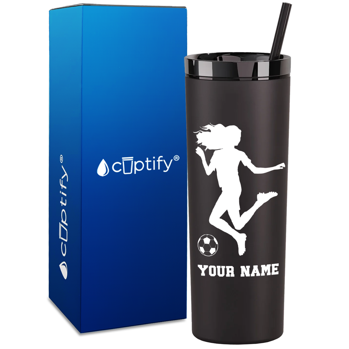 Personalized Soccer Player Female Kick on 18oz Acrylic Skinny Tumbler