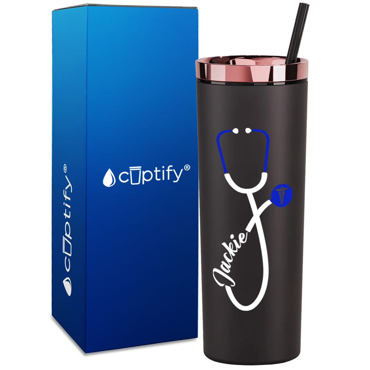 Personalized Blue Stethoscope Cadeceus on 18oz Acrylic Medical Tumbler