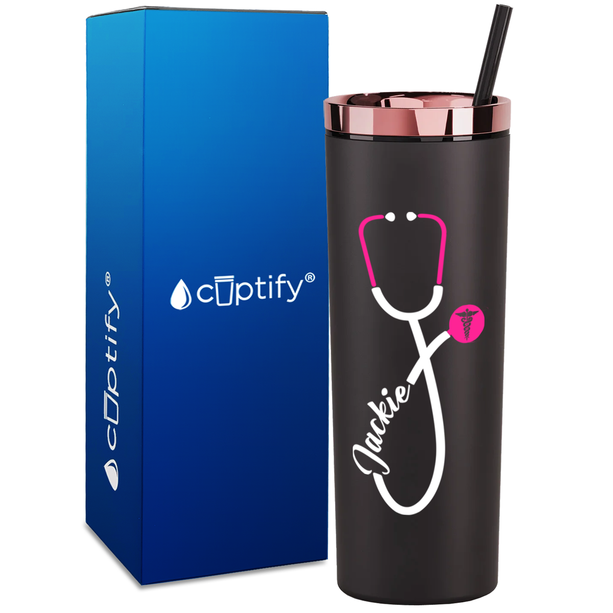 Personalized Pink Stethoscope Cadeceus on 18oz Acrylic Medical Tumbler
