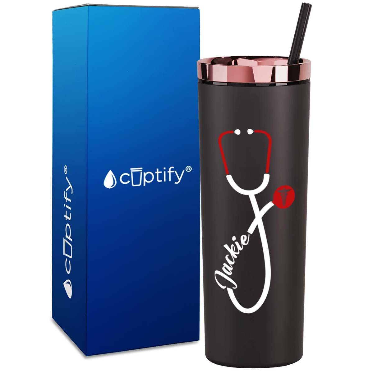 Personalized Red Stethoscope Cadeceus on 18oz Acrylic Medical Tumbler