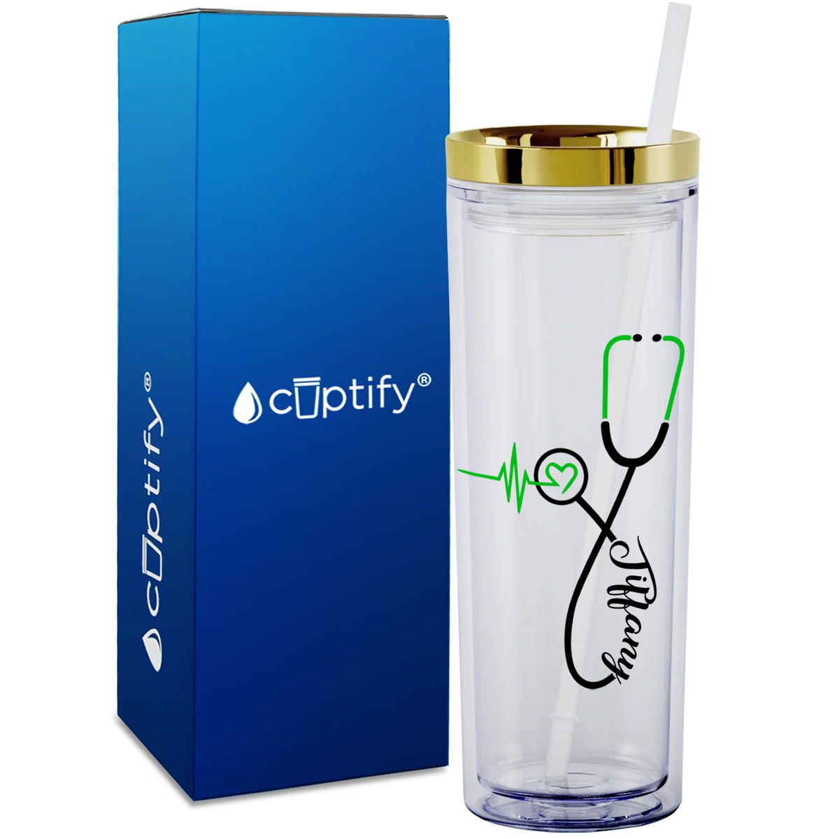 Personalized Green Nursing Stethoscope on 18oz Acrylic Nurse Tumbler