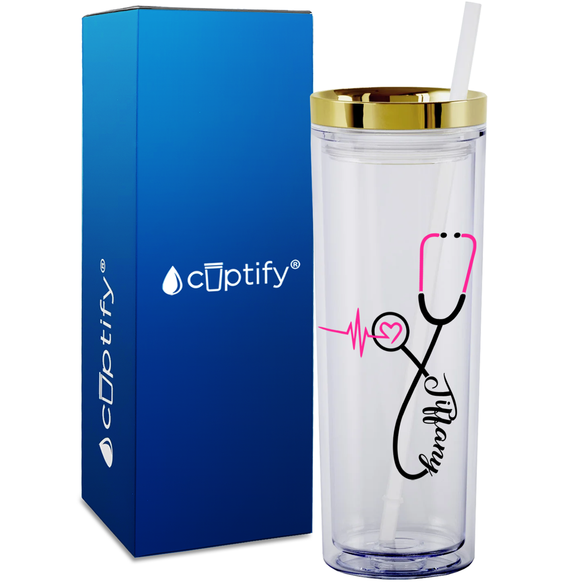 Personalized Pink Nursing Stethoscope on 18oz Acrylic Nurse Tumbler