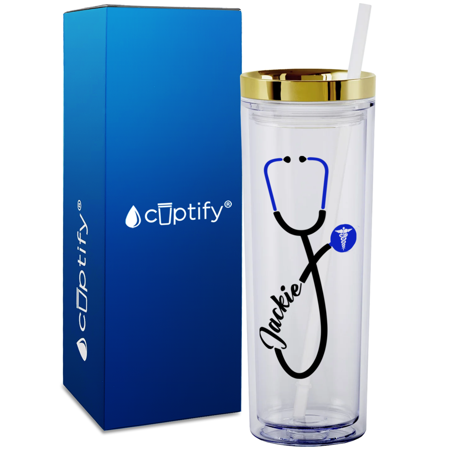 Personalized Blue Stethoscope Cadeceus on 18oz Acrylic Medical Tumbler