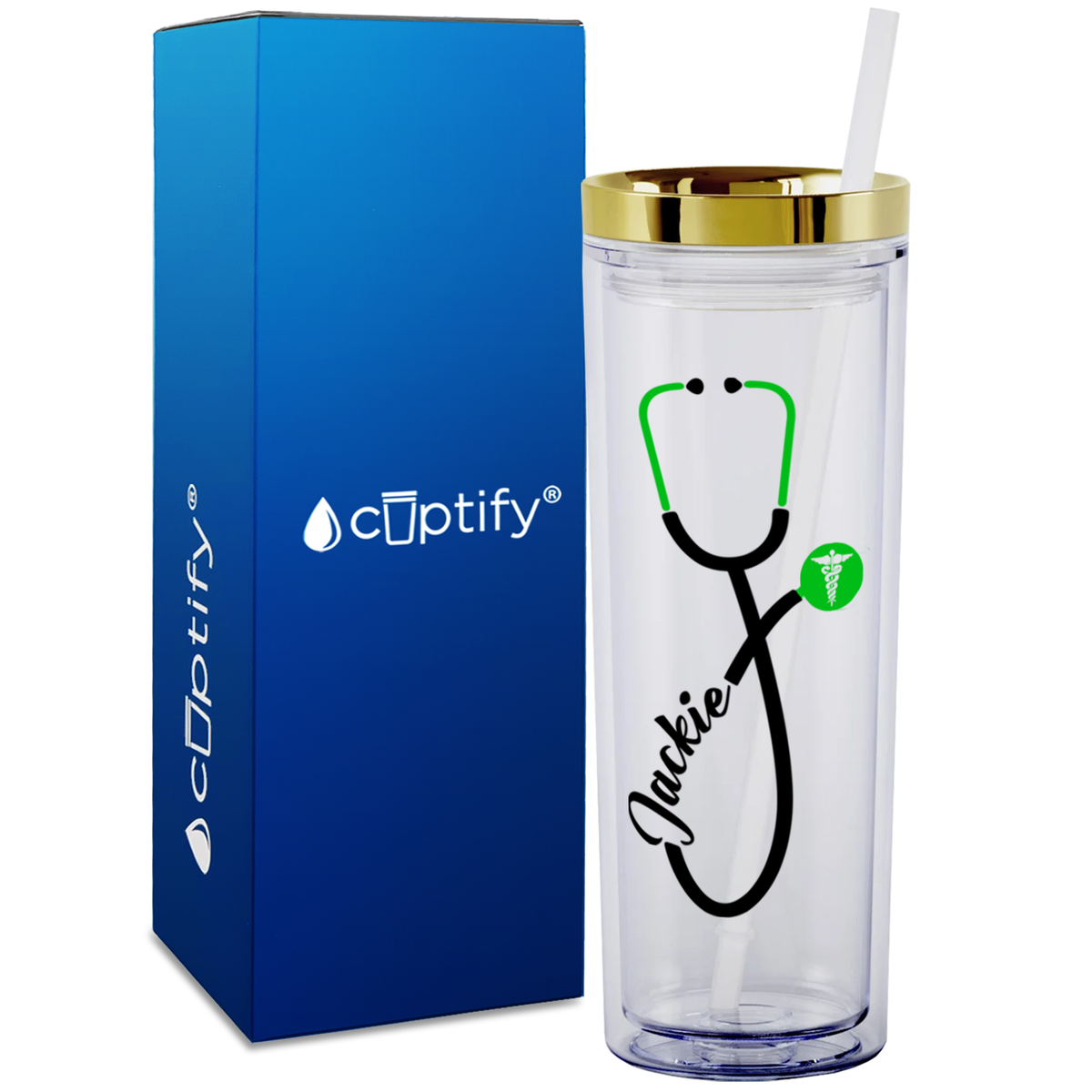 Personalized Green Stethoscope Cadeceus on 18oz Acrylic Medical Tumbler