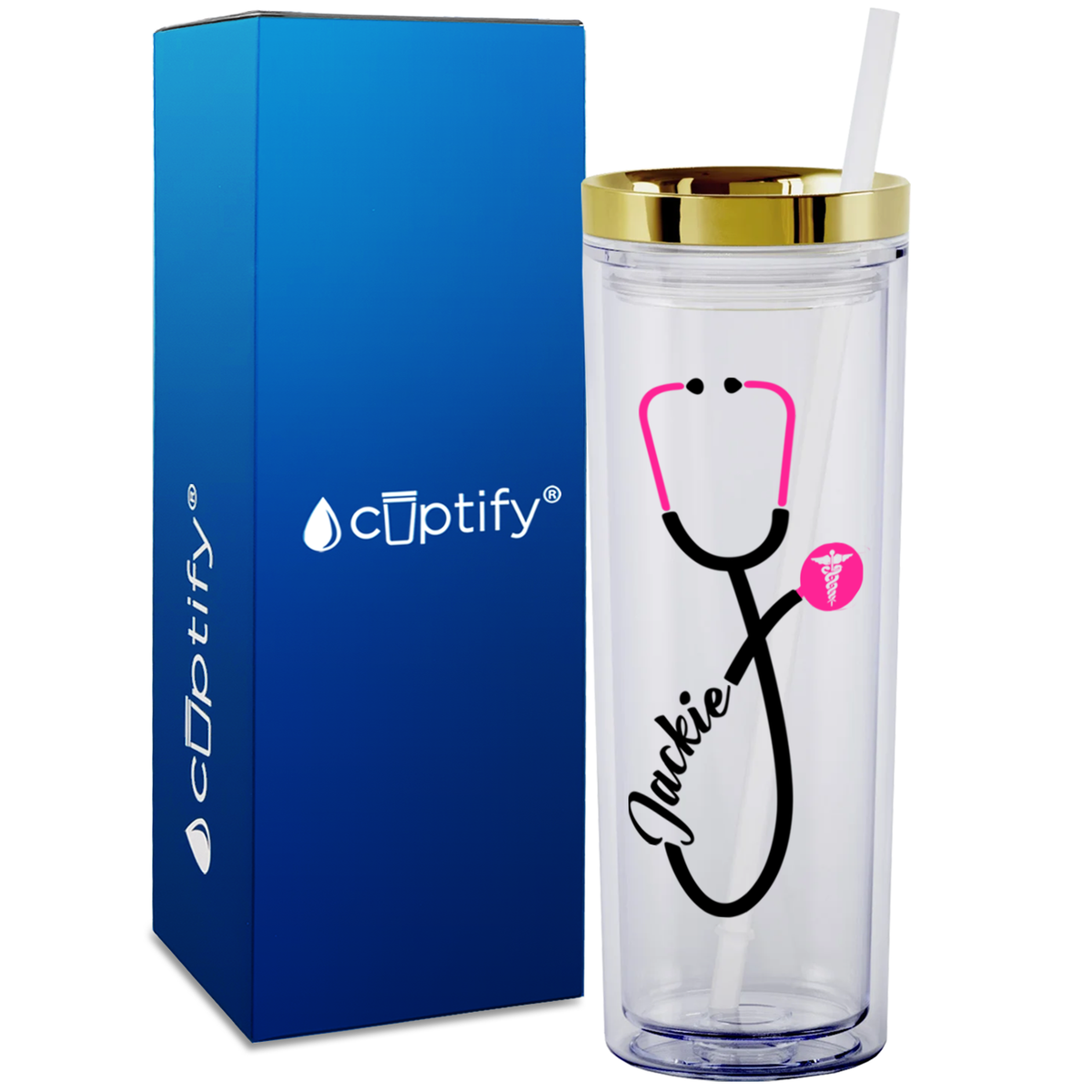 Personalized Pink Stethoscope Cadeceus on 18oz Acrylic Medical Tumbler