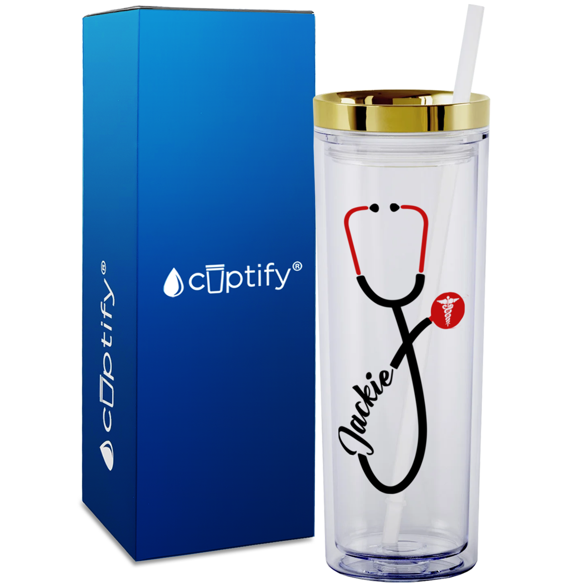 Personalized Red Stethoscope Cadeceus on 18oz Acrylic Medical Tumbler