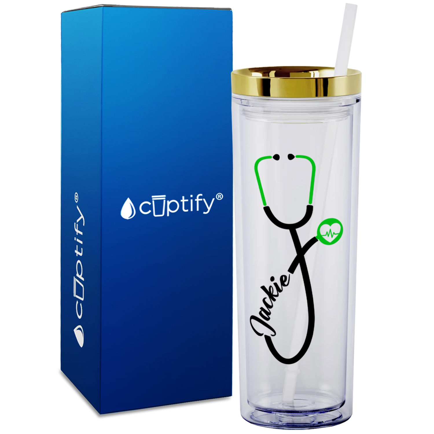 Personalized Green Stethoscope Heart Beat on 18oz Acrylic Medical Tumbler