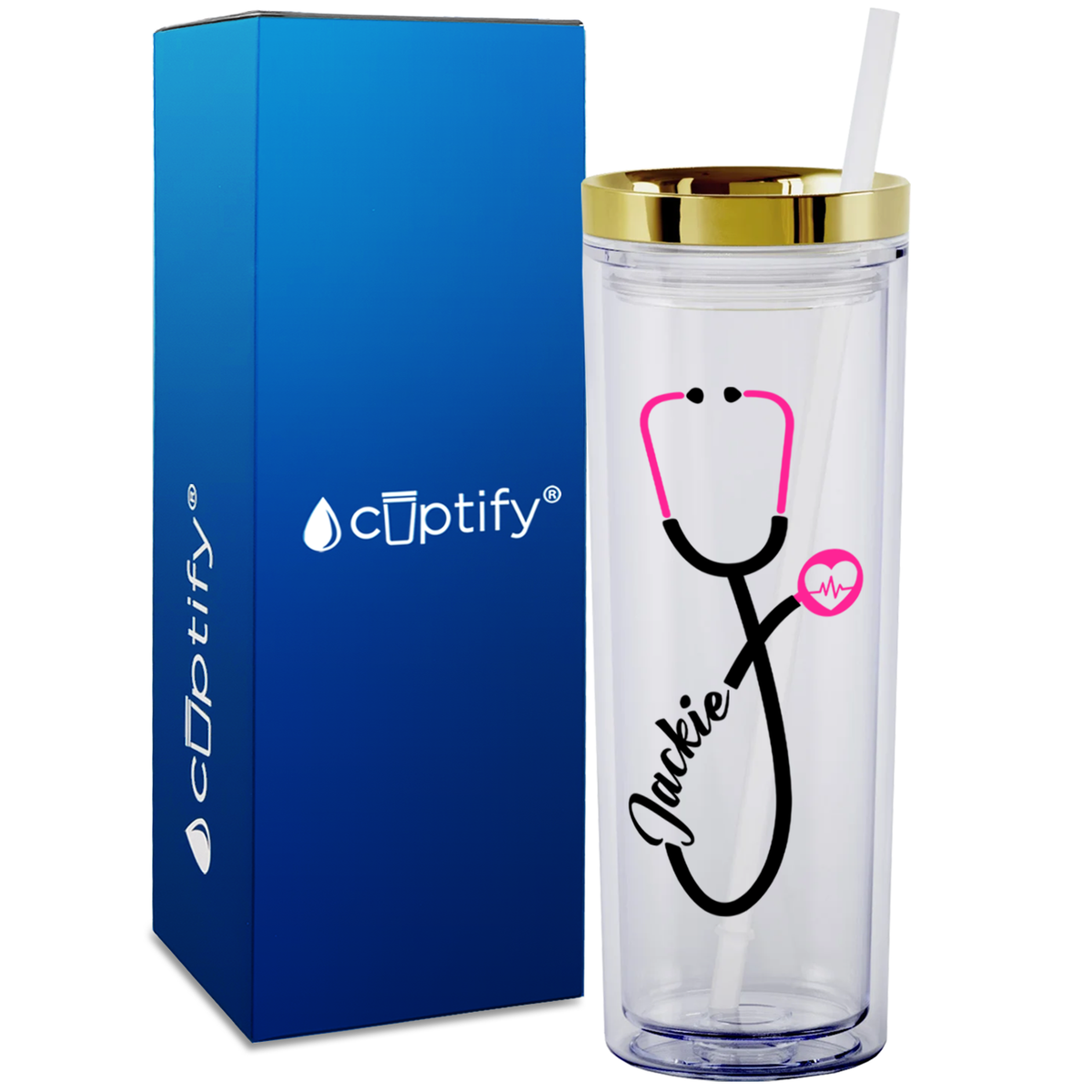 Personalized Pink Stethoscope Heart Beat on 18oz Acrylic Medical Tumbler