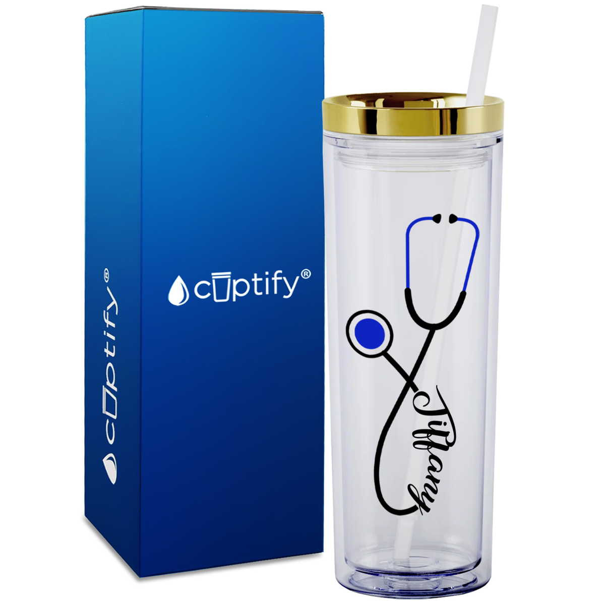 Personalized Blue Stethoscope on 18oz Acrylic Medical Tumbler