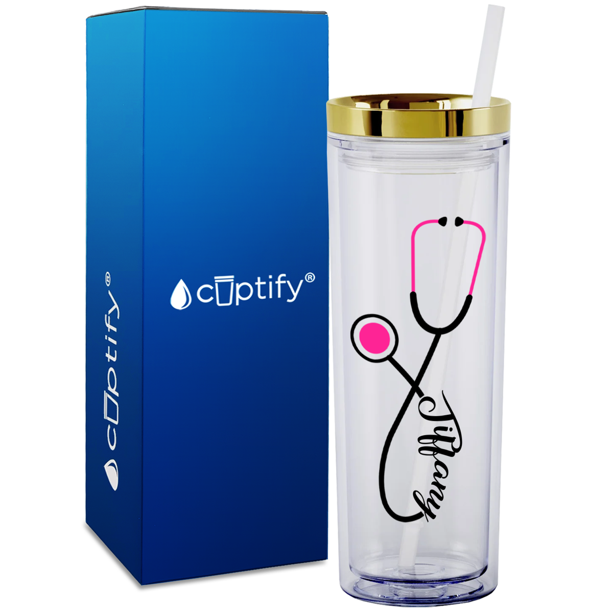 Personalized Pink Stethoscope on 18oz Acrylic Medical Tumbler