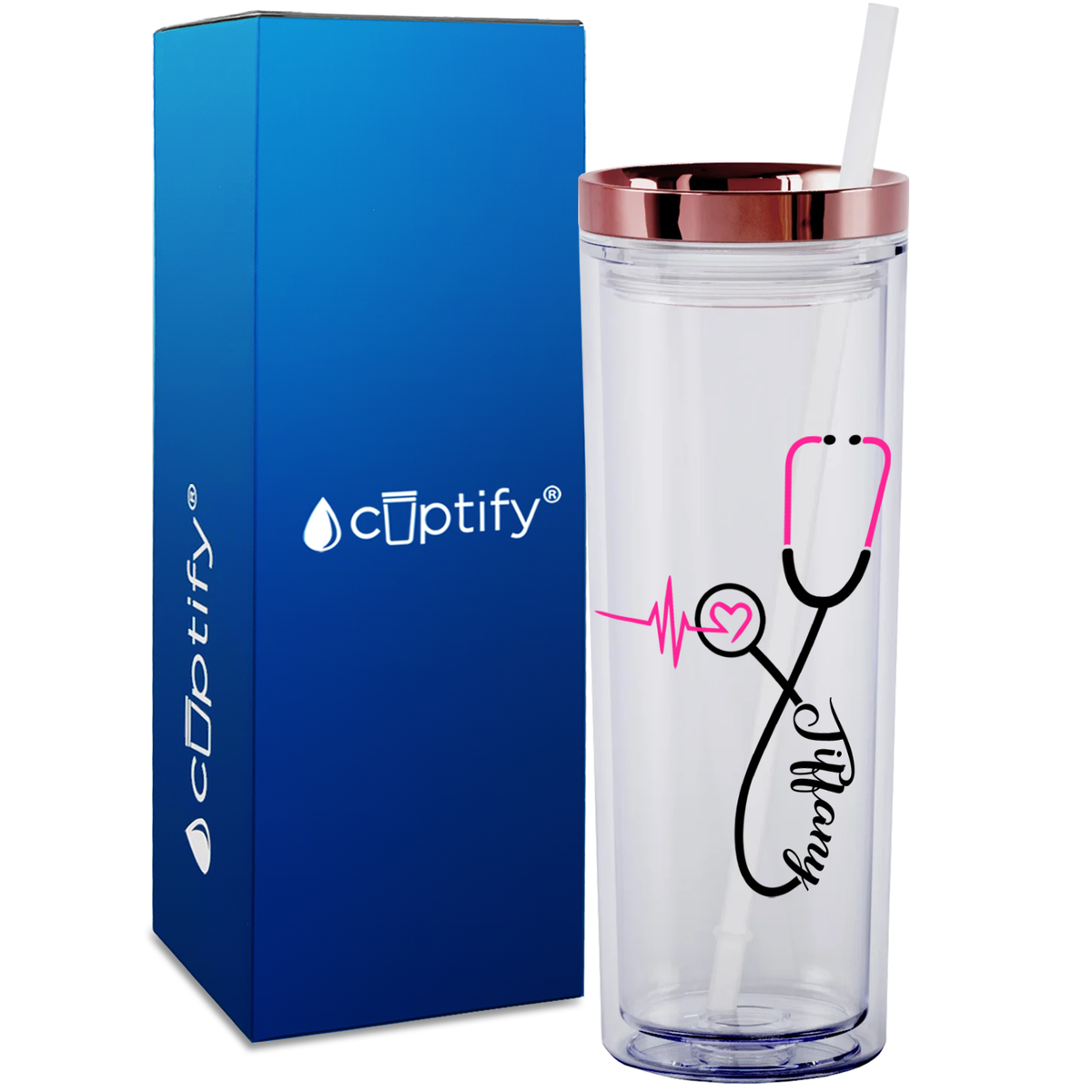 Personalized Pink Nursing Stethoscope on 18oz Acrylic Nurse Tumbler