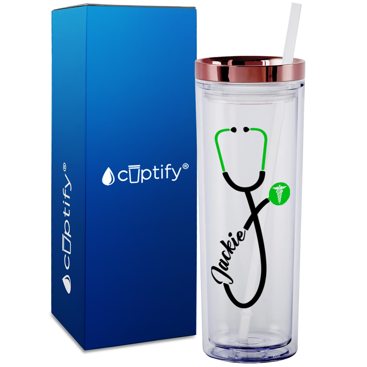 Personalized Green Stethoscope Cadeceus on 18oz Acrylic Medical Tumbler