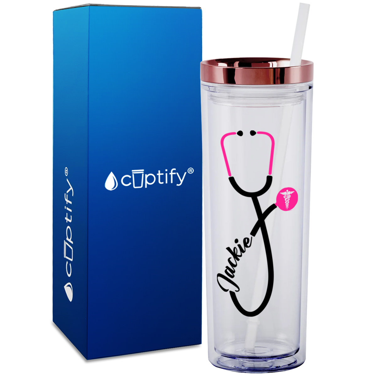 Personalized Pink Stethoscope Cadeceus on 18oz Acrylic Medical Tumbler