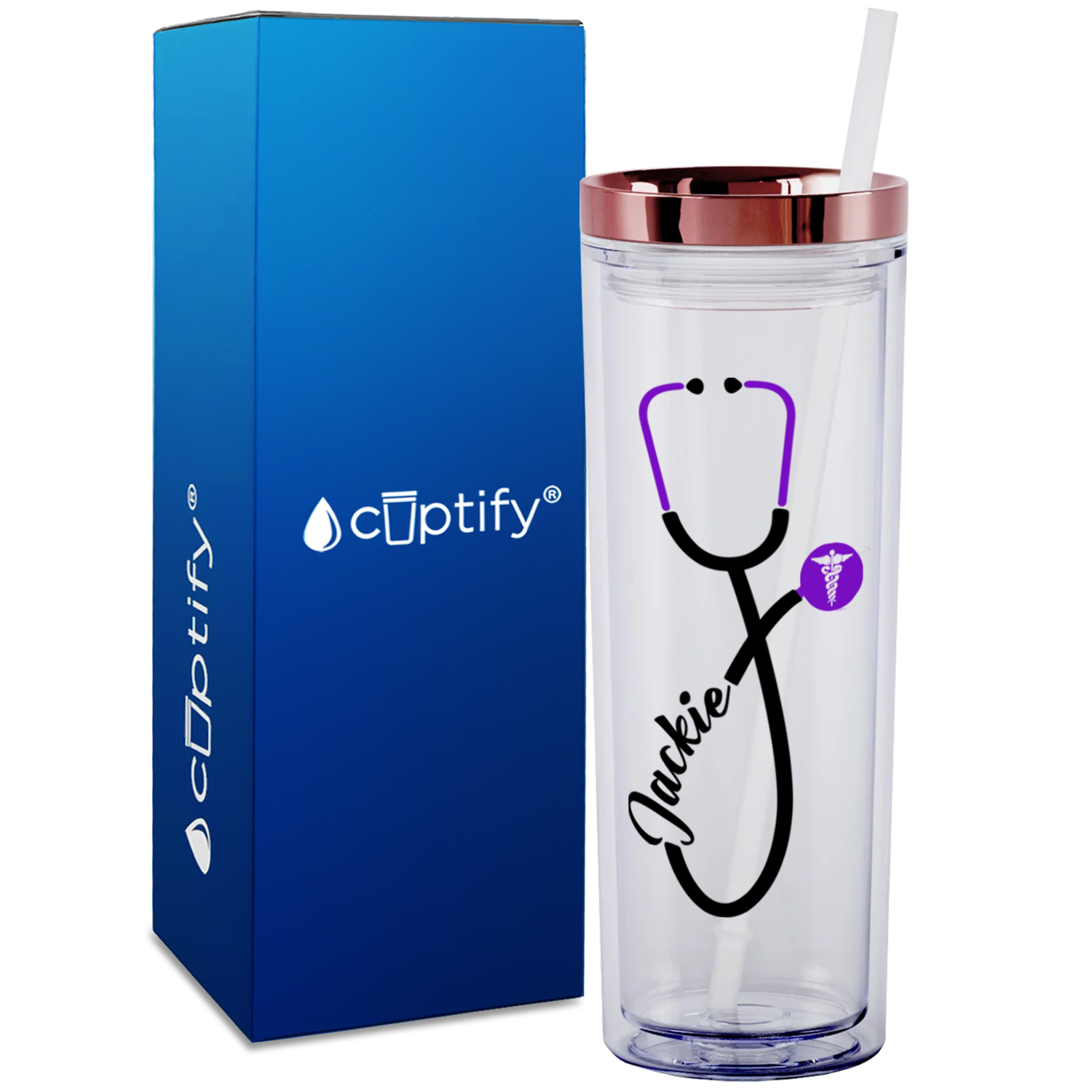 Personalized Purple Stethoscope Cadeceus on 18oz Acrylic Medical Tumbler