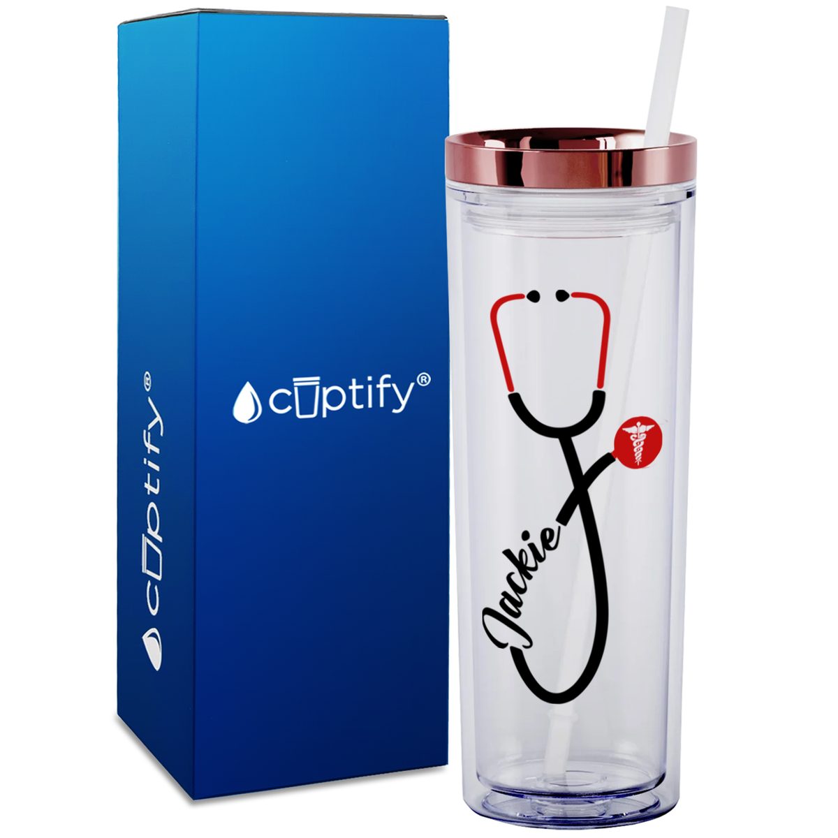 Personalized Red Stethoscope Cadeceus on 18oz Acrylic Medical Tumbler