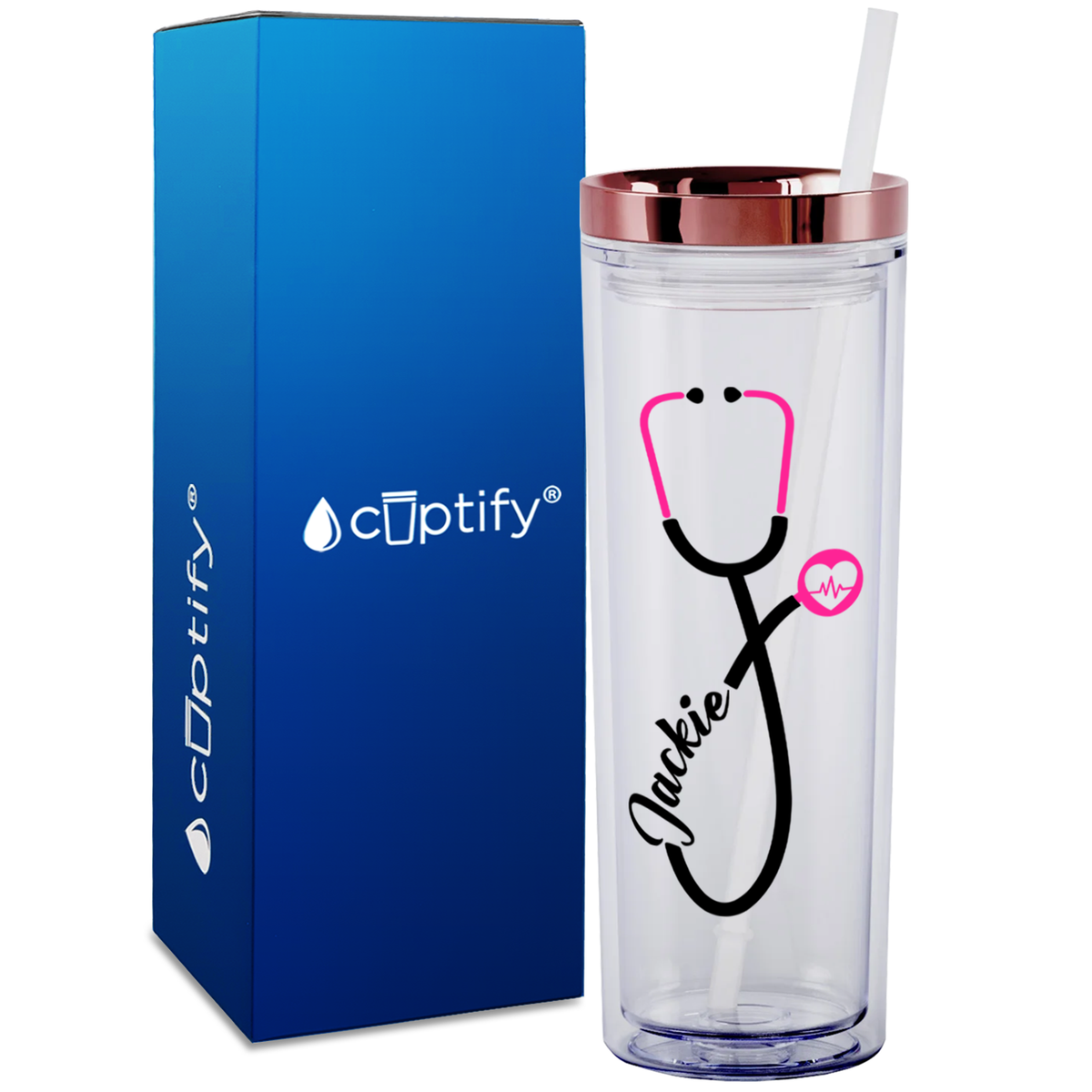 Personalized Pink Stethoscope Heart Beat on 18oz Acrylic Medical Tumbler