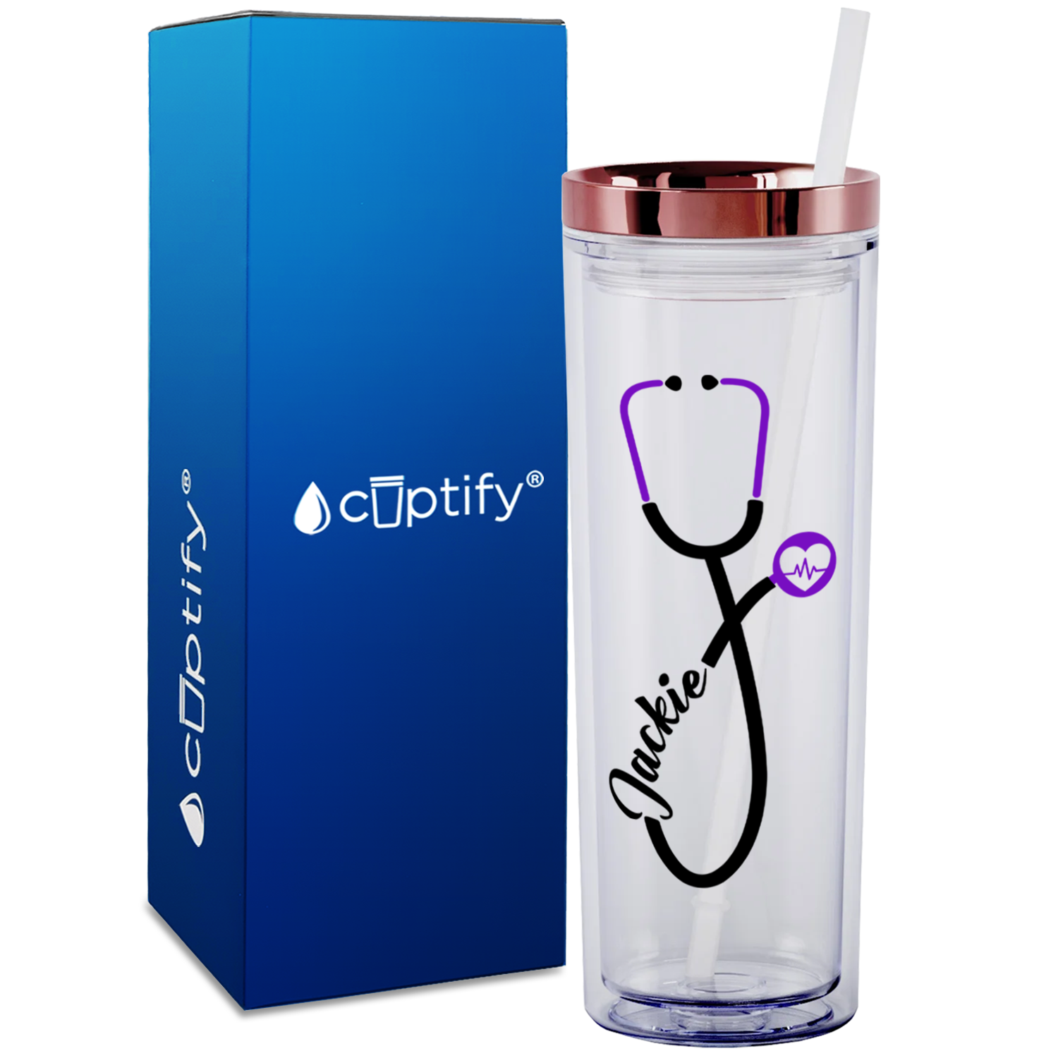 Personalized Purple Stethoscope Heart Beat on 18oz Acrylic Medical Tumbler