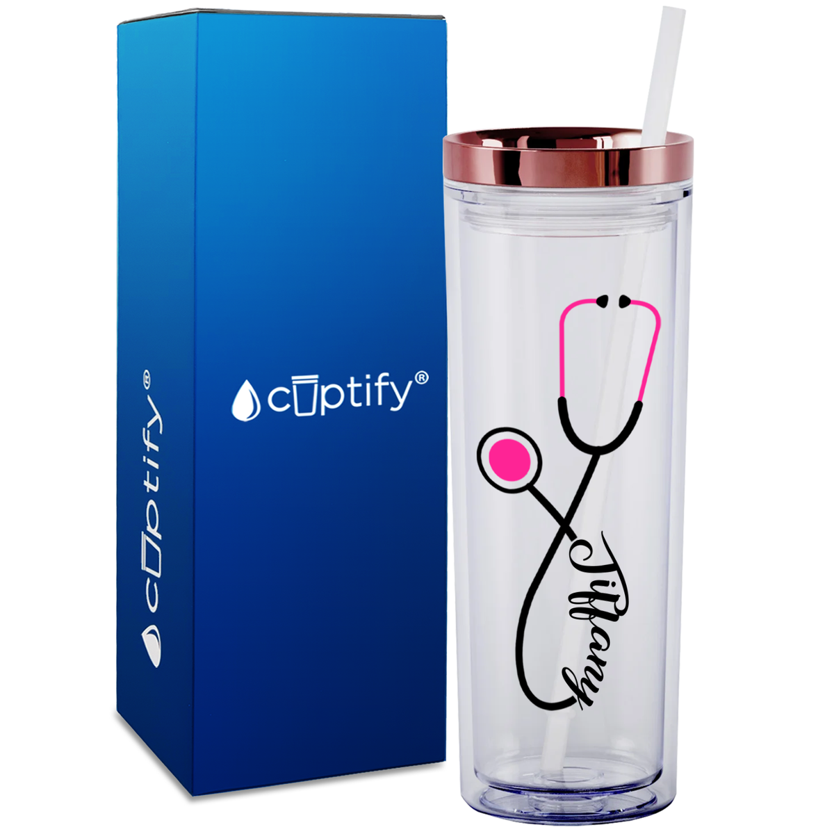 Personalized Pink Stethoscope on 18oz Acrylic Medical Tumbler