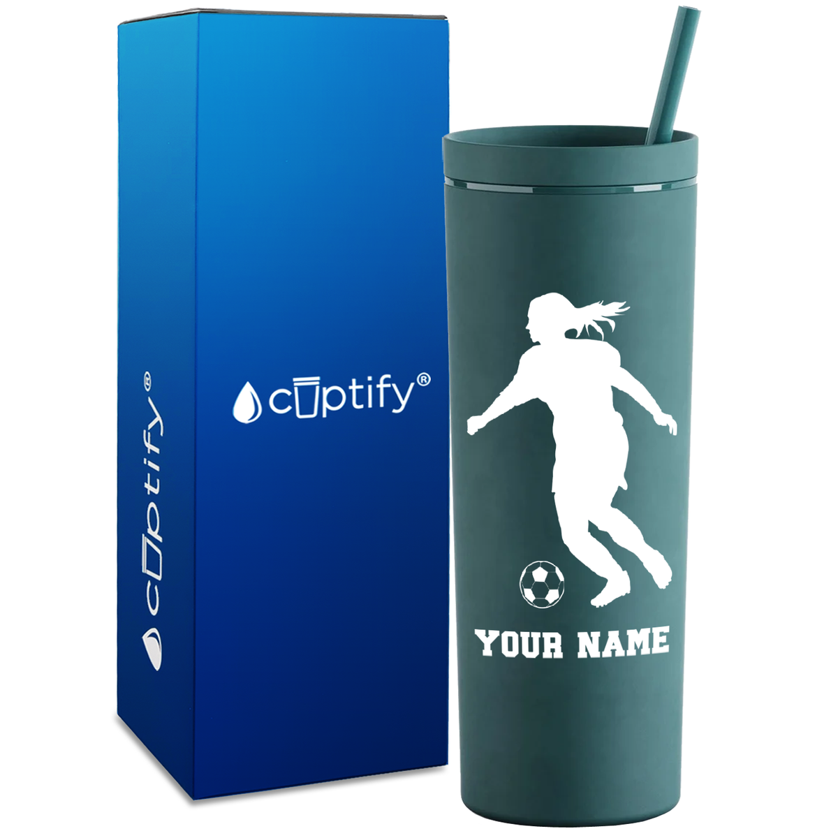 Personalized Soccer Player Female Silhouette on 18oz Acrylic Skinny Tumbler