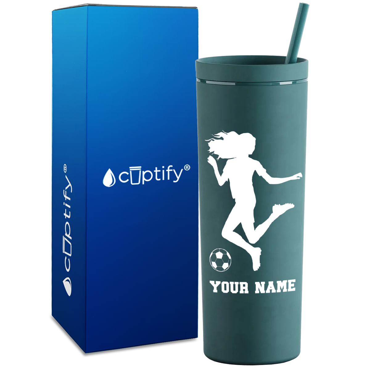 Personalized Soccer Player Female Kick on 18oz Acrylic Skinny Tumbler