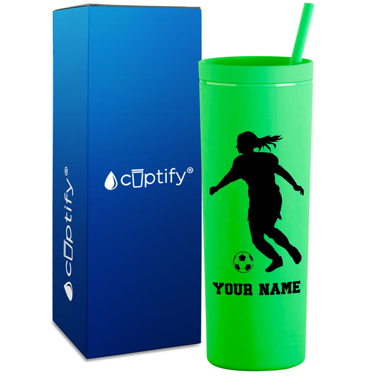 Personalized Soccer Player Female Silhouette on 18oz Acrylic Skinny Tumbler