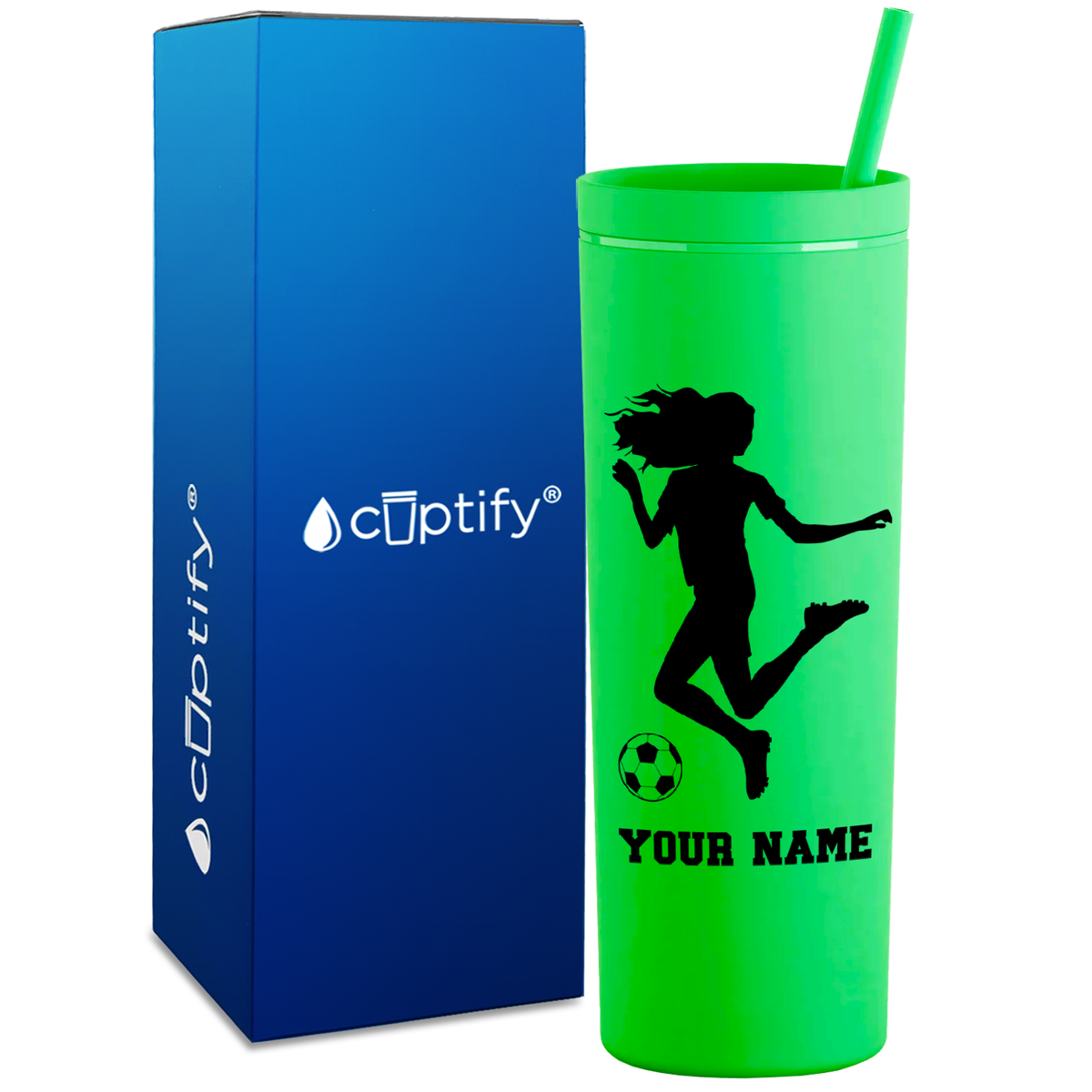 Personalized Soccer Player Female Kick on 18oz Acrylic Skinny Tumbler