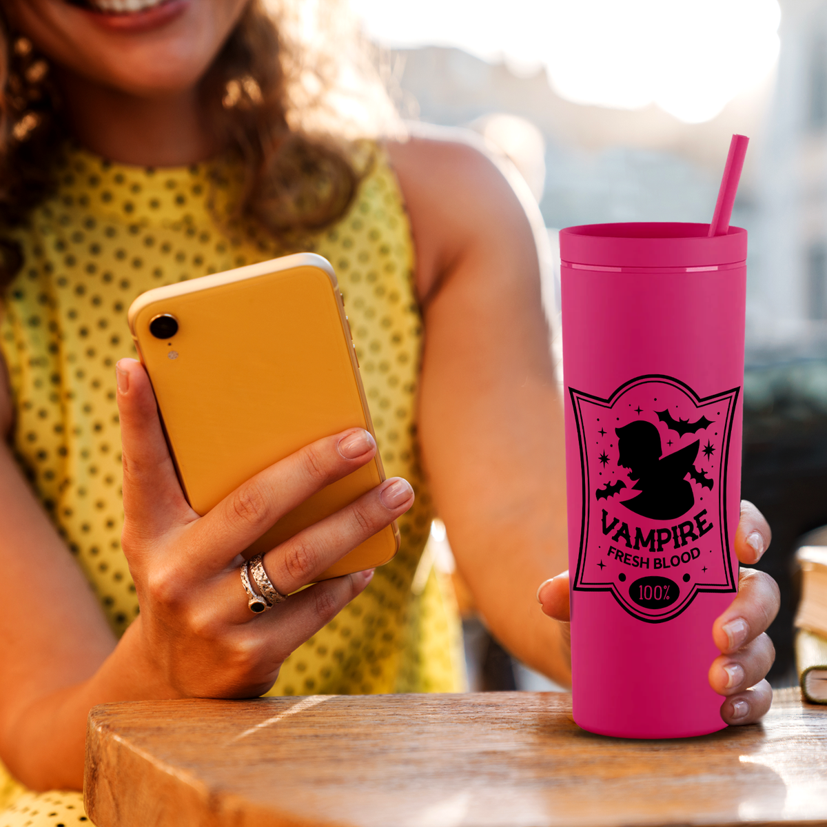 Vampire Fresh Blood on Magenta 18oz Acrylic Halloween Skinny Tumbler